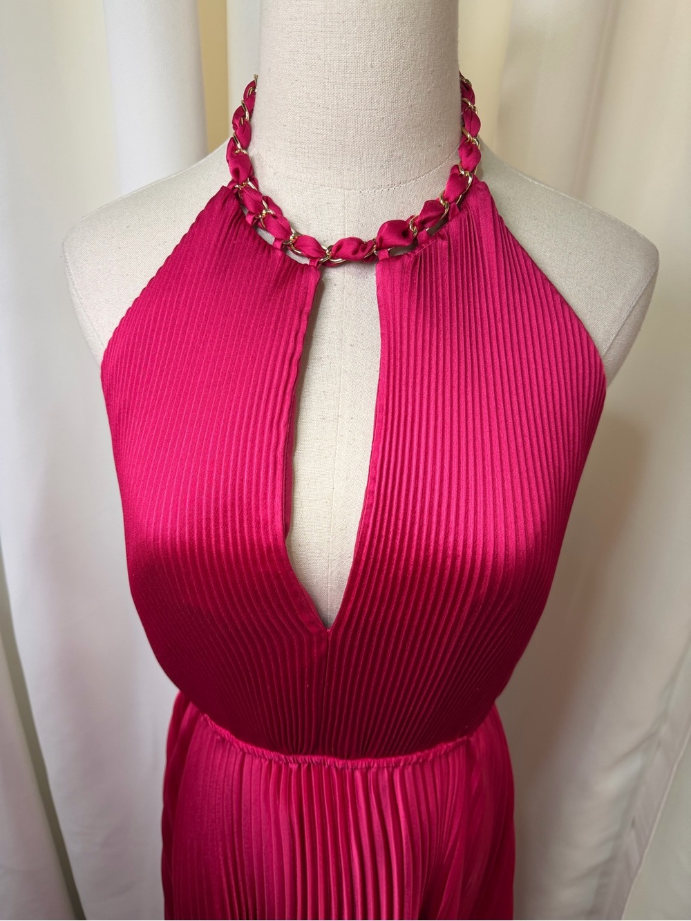 Milly ‘Kora’ Fuchsia Pink Accordion Pleated Satin Halterneck Maxi Dress Size 10 - Picture 5 of 16